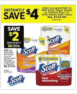 Dollar General Scott Bath Tissue Comfort Plus or Soft Lavender 6 rolls or Paper Towels 6 Single Plus offer