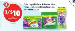 Family Dollar Gain Liquid Fabric Softener 35 oz., Flings 14 ct., Scent Boosters 5 oz., or Sheets 105 ct offer