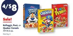 Family Dollar Kellogg's, Post, or Quaker Cereals offer