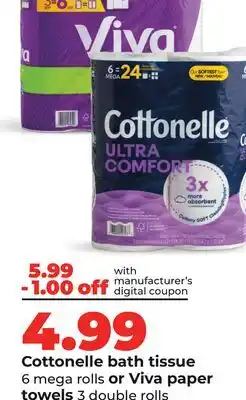 Hy-Vee Cottonelle bath tissue 6 mega rolls or Viva paper towels 3 double rolls offer