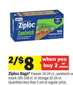 Meijer Ziploc Bags* Freezer 16-24 ct., sandwich or snack 105-108 ct. or storage 22-29 ct offer
