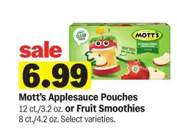 Meijer Mott's Applesauce Pouches 12 ct./3.2 oz. or Fruit Smoothies 8 ct./4.2 oz offer