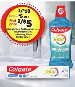 Meijer Colgate Total Toothpastes 5.1 oz., Mouthwashes 1 liter or Foaming Clean Toothbrushes offer