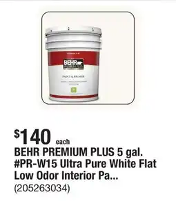 The Home Depot BEHR PREMIUM PLUS 5 gal. #PR-W15 Ultra Pure White Flat Low Odor Interior Paint & Primer offer