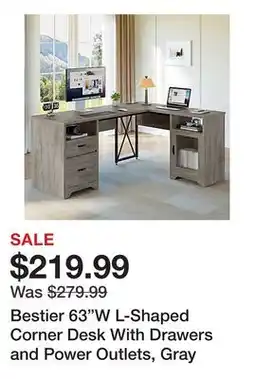 Office Depot Bestier 63W L-Shaped Corner Desk With Drawers and Power Outlets, Gray offer