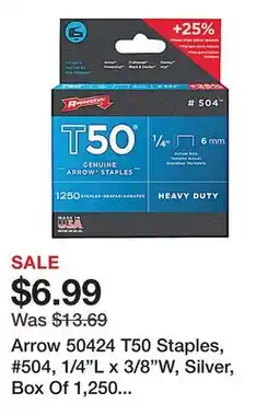 Office Depot Arrow 50424 T50 Staples, #504, 1/4L x 3/8W, Silver, Box Of 1,250 Staples offer