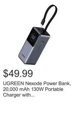 Costco UGREEN Nexode Power Bank, 20,000 mAh 130W Portable Charger with Built-in Cable offer
