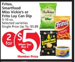 Vons Fritos, Smartfood Miss Vickie's or Frito Lay Can Dip offer