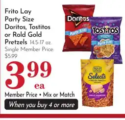 Pavilions Frito Lay Party Size Doritos, Tostitos or Rold Gold Pretzels offer