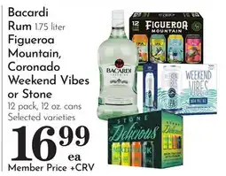 Pavilions Bacardi Rum 1.75 liter Figueroa Mountain, Coronado Weekend Vibes or Stone 12 pack, 12 oz. cans offer
