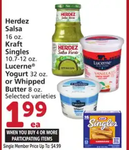 Vons Herdez Salsa 16 oz. Kraft Singles 10.7-12 oz. Lucerne Yogurt 32 oz. or Whipped Butter 8 oz offer