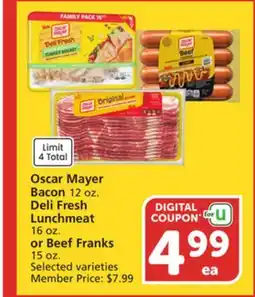 Vons Oscar Mayer Bacon 12 oz. Deli Fresh Lunchmeat 16 oz. or Beef Franks 15 oz offer