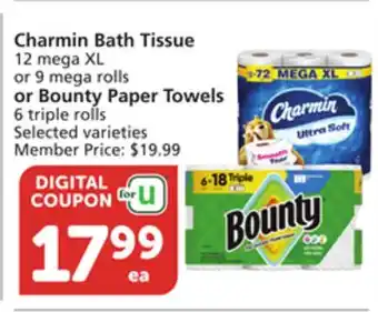 Vons Charmin Bath Tissue 12 mega XL or 9 mega rolls or Bounty Paper Towels 6 triple rolls offer