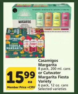 Vons Casamigos Margarita 8 pack, 200 ml. cans or Cutwater Margarita Fiesta Variety 6 pack, 12 oz. cans offer