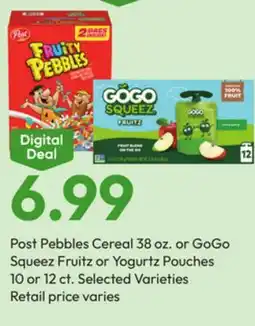 Stater Bros Post Pebbles Cereal 38 oz. or GoGo Squeez Fruitz or Yogurtz Pouches 10 or 12 ct offer
