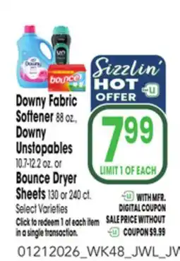 Jewel-Osco Downy Fabric Softener 88 oz., Downy Unstopables 10.7-12.2 oz. or Bounce Dryer Sheets 130 or 240 ct offer