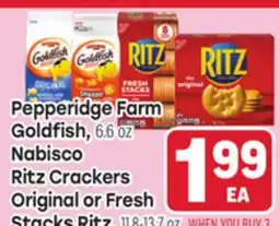 Tony’s Fresh Market Pepperidge Farm Goldfish, 6.6 oz Nabisco Ritz Crackers Original or Fresh Stacks Ritz, 11.8-13.7 oz offer