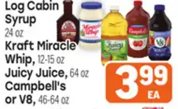 Tony’s Fresh Market Log Cabin Syrup 24 oz Kraft Miracle Whip, 12-15 oz Juicy Juice, 64 oz Campbell's or V8, 46-64 oz offer