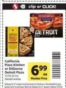 Safeway California Pizza Kitchen or DiGiorno Detroit Pizza offer