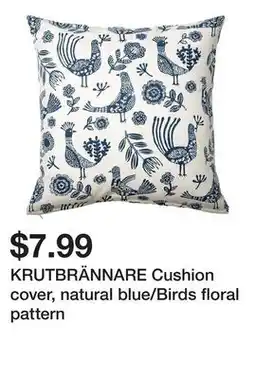 Ikea KRUTBRÄNNARE Cushion cover, natural blue/Birds floral pattern offer