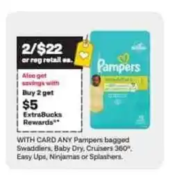 CVS Pampers bagged Swaddlers, Baby Dry, Cruisers 360° Easy Ups, Ninjamas or Splashers. offer