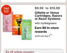 Walgreens Gillette or Venus Cartridges, Razors or Razor Systems offer
