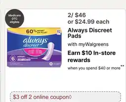 Walgreens Always Discreet Pads offer