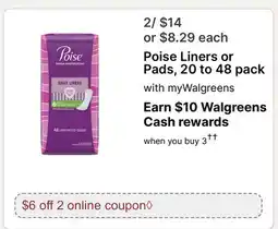 Walgreens Poise Liners or Pads, 20 to offer