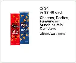 Walgreens Cheetos, Doritos, Funyuns or Sunchips Mini Canisters offer