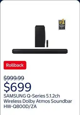 Walmart SAMSUNG Q-Series 5.1.2ch Wireless Dolby Atmos Soundbar with Q-Symphony HW-Q800D/ZA offer