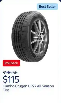 Walmart Kumho Crugen HP27 All Season P265/65R18 114V Passenger Tire offer
