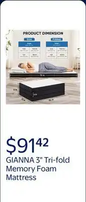 Walmart GIANNA 3 Singel Size Tri-fold Memory Foam Mattress, Foldable Mattress offer