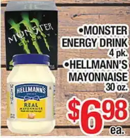Torres Supermercado •MONSTER ENERGY DRINK 4 pk. •HELLMANN'S MAYONNAISE 30 oz offer