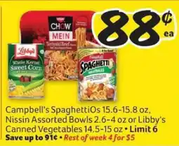 Winn Dixie Campbell's SpaghettiOs, Nissin Assorted Bowls, or Libby's Canned Vegetables offer
