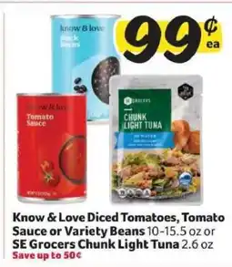 Winn Dixie Know & Love Diced Tomatoes, Tomato Sauce or Variety Beans / SE Grocers Chunk Light Tuna offer