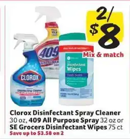 Winn Dixie Clorox Disinfectant Spray Cleaner, 409 All Purpose Spray, SE Grocers Disinfectant Wipes offer