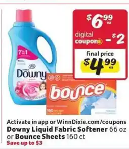 Winn Dixie Downy Liquid Fabric Softener or Bounce Sheets offer