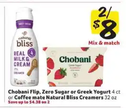 Winn Dixie Chobani Flip, Zero Sugar or Greek Yogurt or Coffee mate Natural Bliss Creamers offer