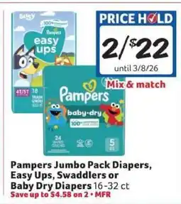 Winn Dixie Pampers Jumbo Pack Diapers, Easy Ups, Swaddlers or Baby Dry Diapers offer