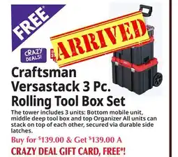 Ocean State Job Lot Craftsman Versastack 3 Pc. Rolling Tool Box Set offer