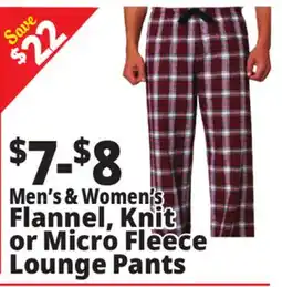 Ocean State Job Lot Men's & Women's Flannel, Knit or Micro Fleece Lounge Pants offer