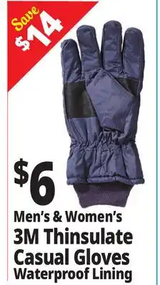 Ocean State Job Lot Men's & women's 3M Thinsulate Casual Gloves Waterproof Lining offer