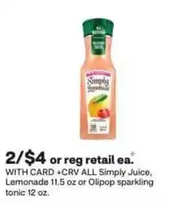 CVS Simply juice, lemonade or Olipop sparkling tonic offer