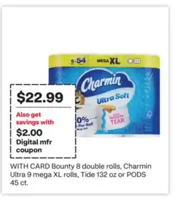 CVS Bounty 8 double rolls, Charmin Ultra 9 mega XL rolls, Tide 132 oz or PODS 45 ct offer