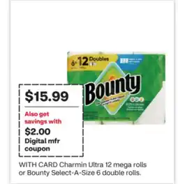 CVS Charmin Ultra 12 mega rolls or Bounty Select-A-Size 6 double rolls offer
