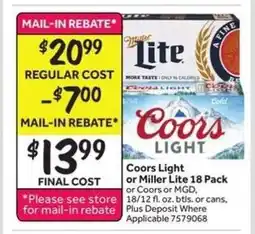 Stop&Shop Coors Light or Miller Lite 18 Pack offer
