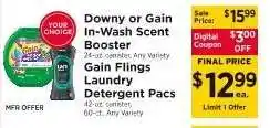 ShopRite Downy or Gain In-Wash Scent Booster / Gain Flings Laundry Detergent Pacs offer