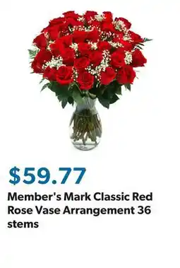 Sam's Club Member's Mark Classic Red Rose Vase Arrangement 36 stems offer