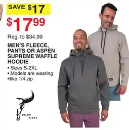 Dunham's Sports MEN'S FLEECE, PANTS OR ASPEN SUPREME WAFFLE HOODIE offer