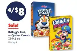 Family Dollar Kellogg's, Post, or Quaker Cereals offer